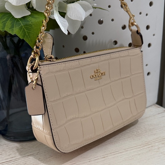 Coach Nolita Croc-Embossed Leather Wristlet in Beige with Gold Chain